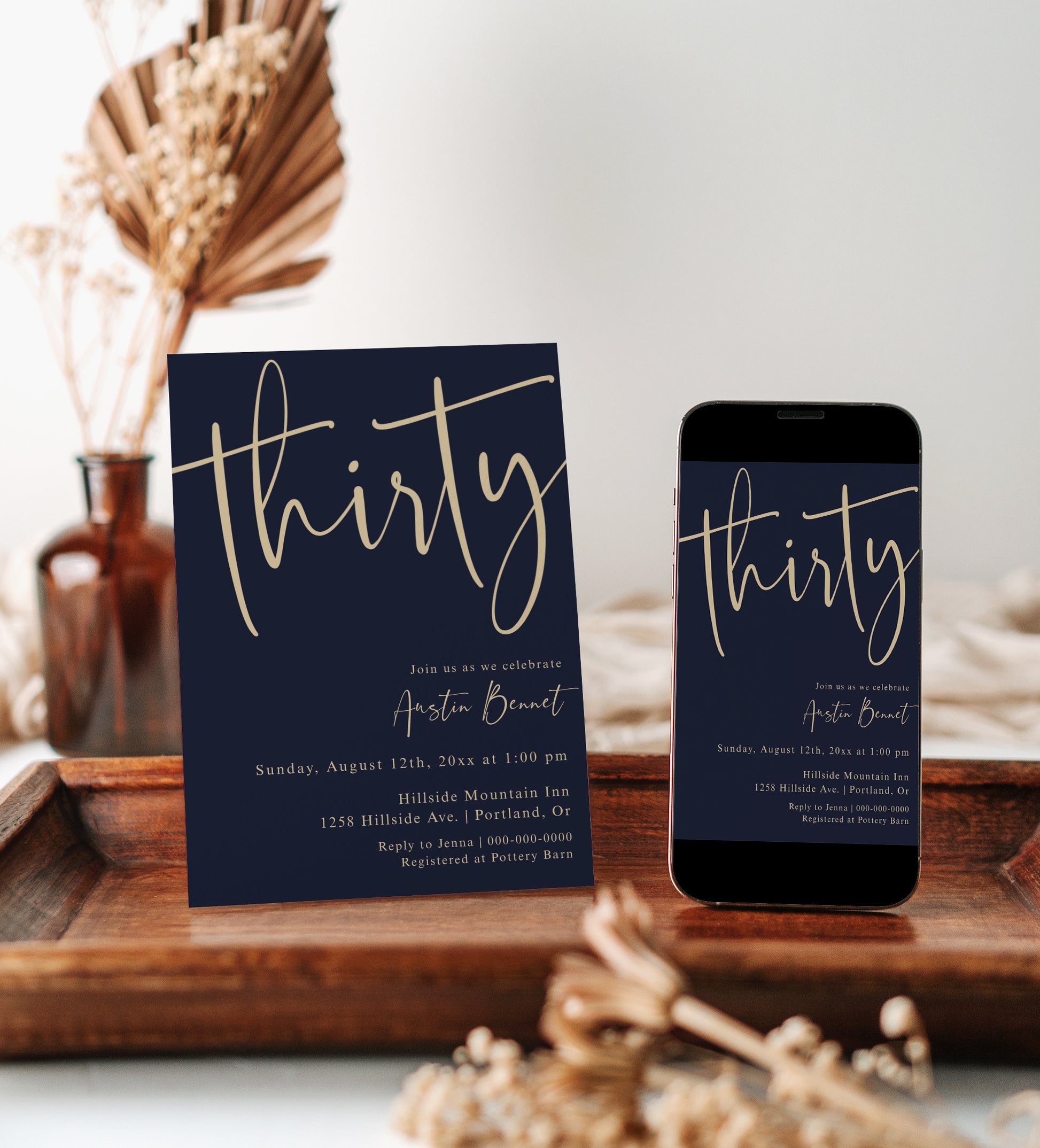 30th birthday invitation template with oversized gold calligraphy script on rich navy blue background, editable in Canva