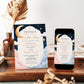 Twinkle twinkle little star gender reveal invitation with a moon, gold stars, and pink and blue clouds