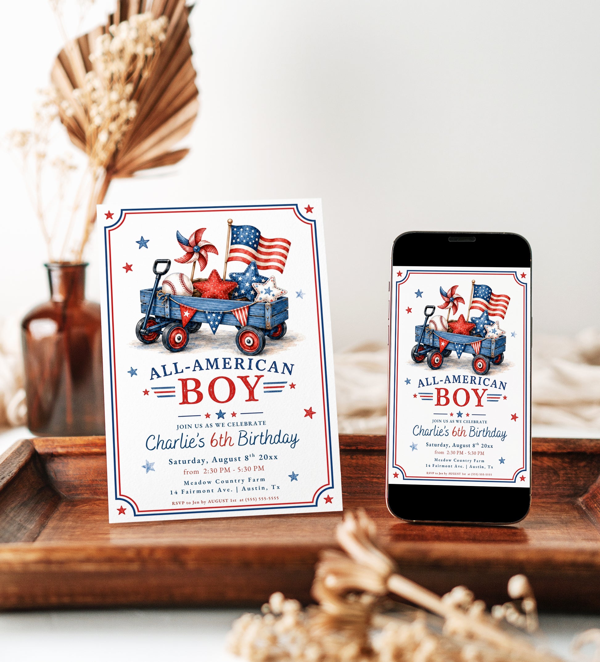 All-American boy birthday invitation featuring a wagon, American flag, baseball and stars in red, white and blue.
