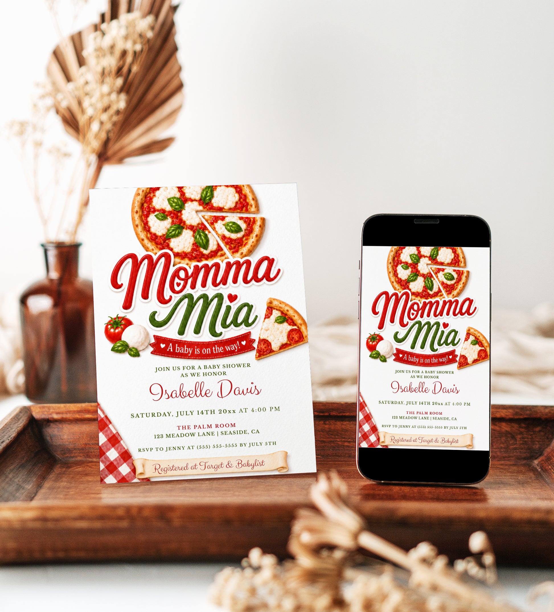 Editable momma mia pizza baby shower invitation Canva template with Italian pizzeria aesthetic, bold red and green script typography, pizza illustration, and red gingham accent on a white background