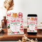 North Pole Breakfast invitation with Santa mugs, stacked pancakes, candy canes, Christmas pajamas, elf hats, pink bows, evergreen sprigs, and festive holiday party details