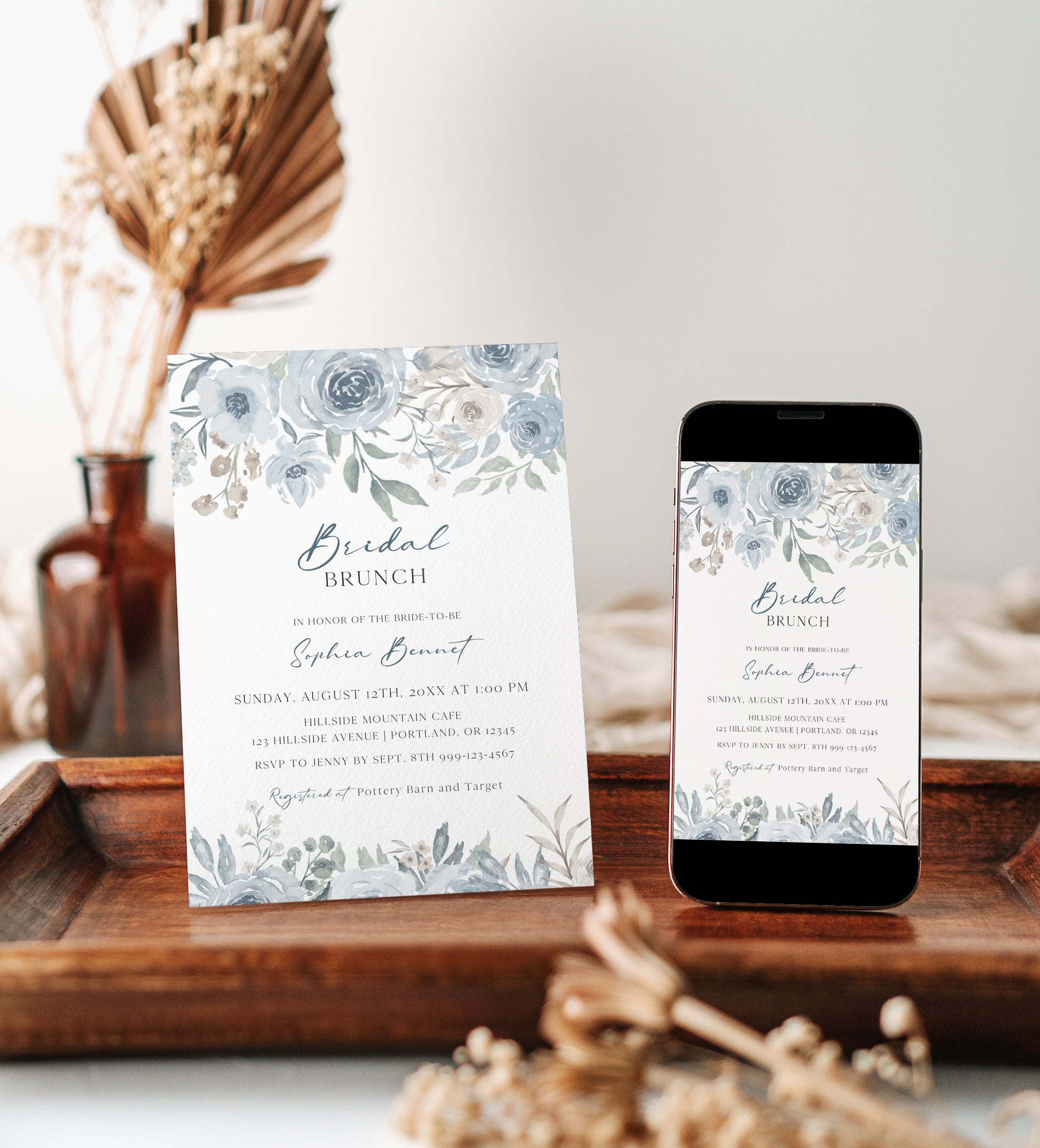 Dusty blue and cream floral bridal brunch invitation template with watercolor roses and botanicals in muted blue and sage, editable in Canva