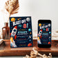 Space birthday party invitation with a rocket, planets, and stars on a navy galaxy background