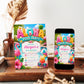 Aloha pool party birthday invitation featuring a tropical swimming pool, pink flamingo float, hibiscus flowers, beach ball, sunglasses and fruit drink.
