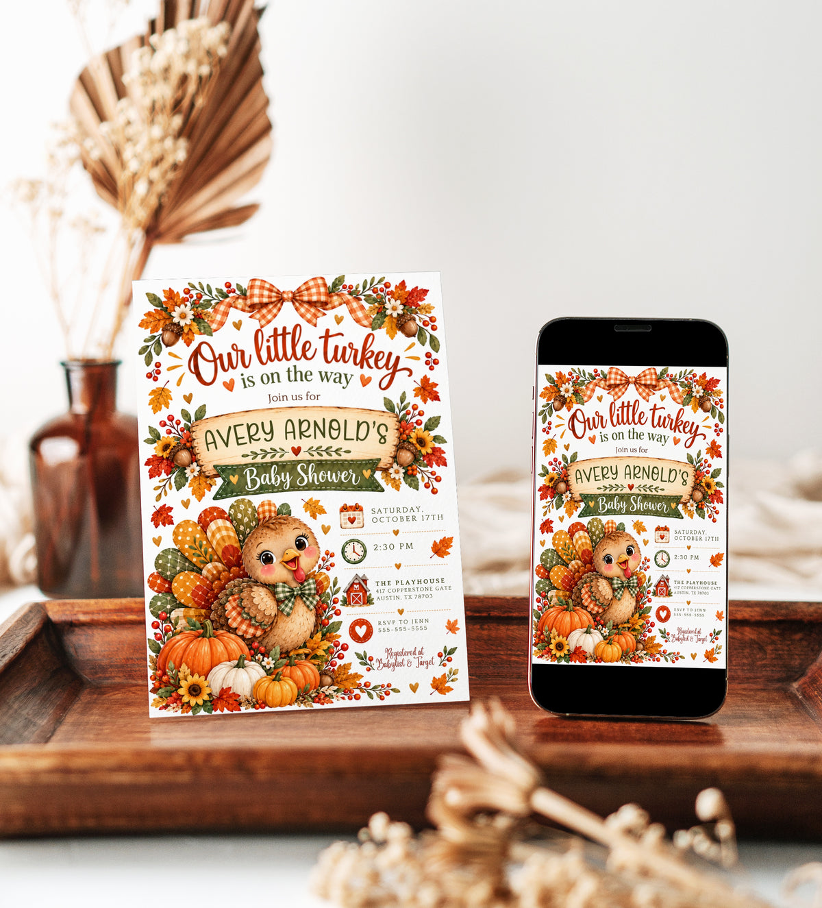 Fall baby shower invitation with Our Little Turkey Is on the Way wording, a cute turkey, pumpkins, orange gingham bow, and autumn leaves