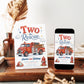 Two the Rescue second birthday invitation featuring a red fire truck, firefighter helmet, fire hydrant, clouds and stars in red, blue and gold.
