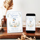 Editable silly goose boy baby shower invitation Canva template with illustrated gosling in blue newsboy cap and gingham bow tie, blue wildflowers, botanical sprigs, and blue border on a white background