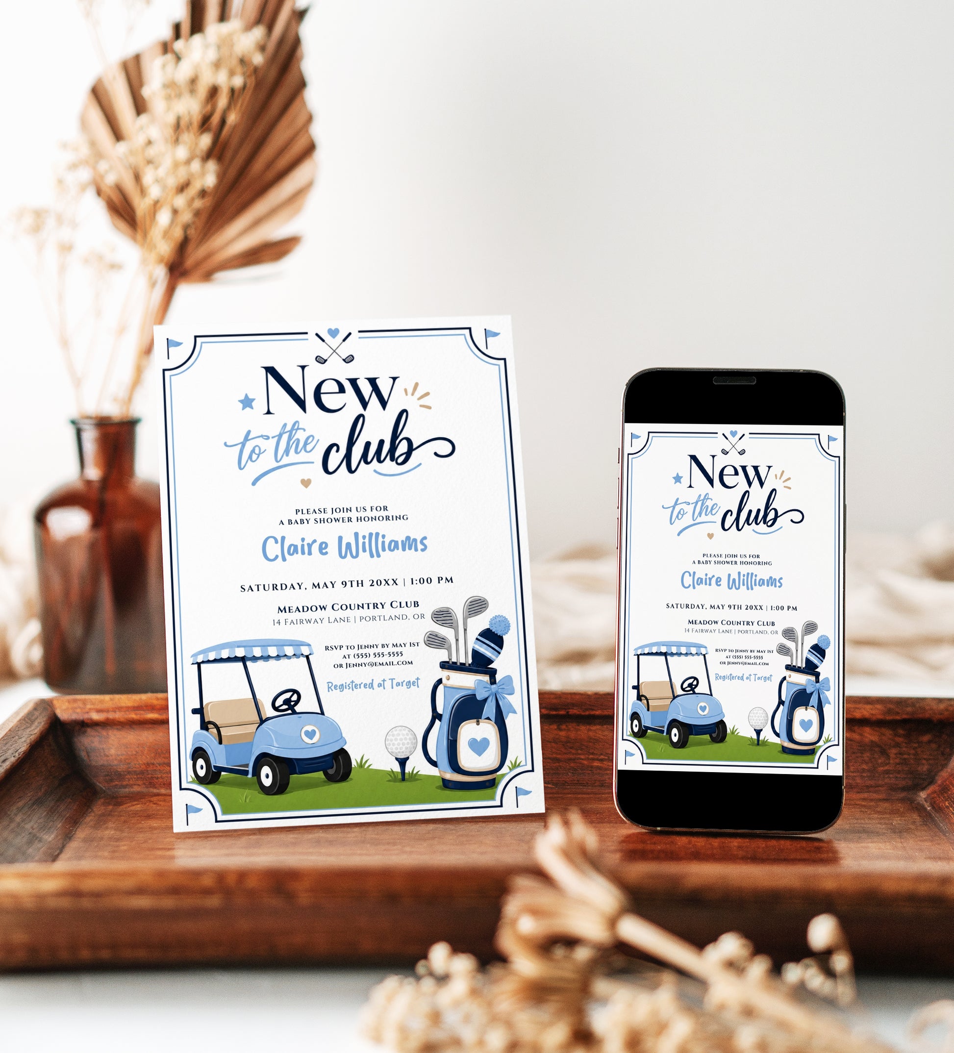 Editable new to the club golf baby shower invitation Canva template with blue golf cart, navy golf bag with bow, crossed clubs, corner pennants, and navy and sky blue typography on a white background