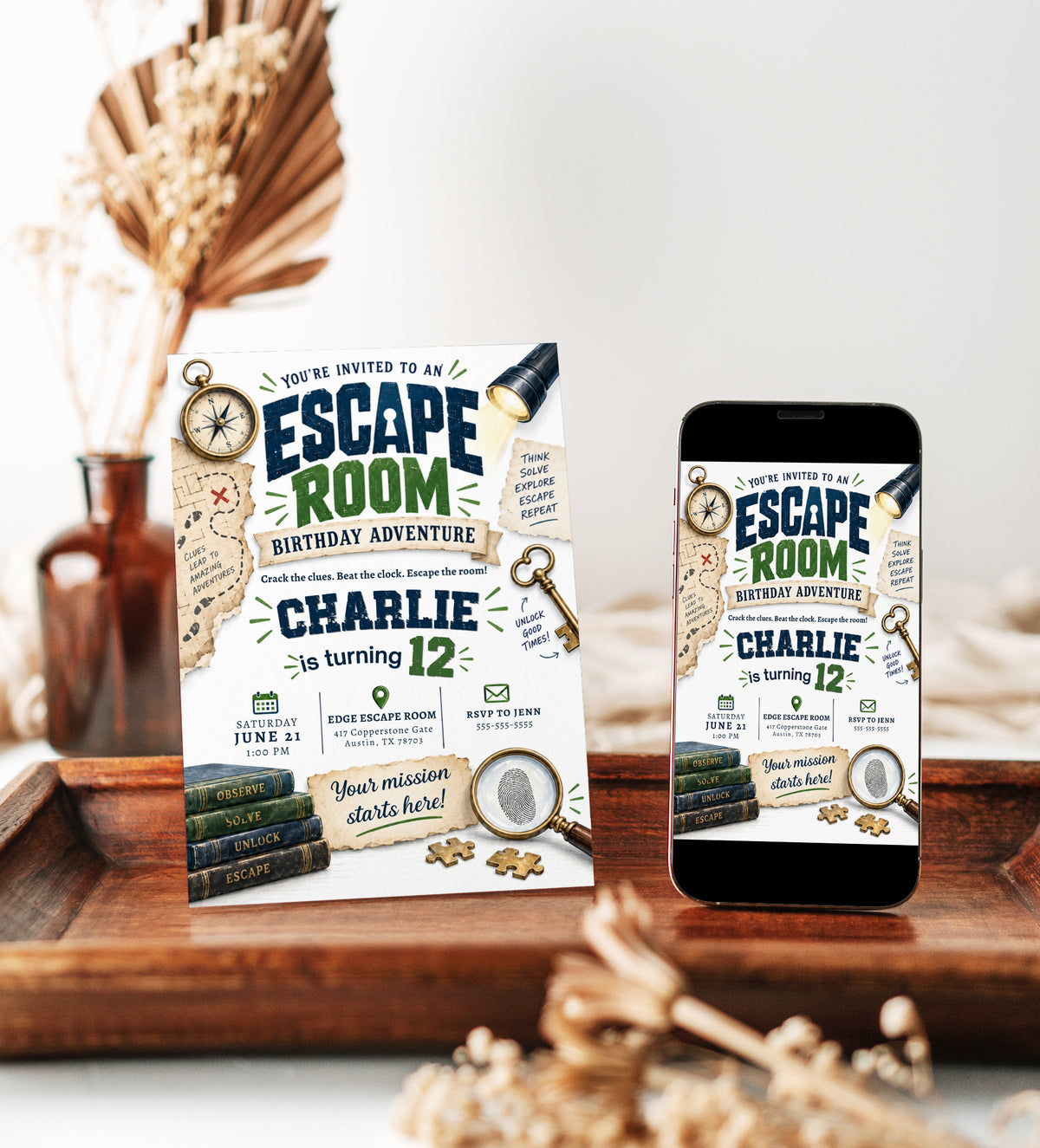 Escape room birthday invitation with vintage keys, compass, flashlight, treasure map clues, fingerprint magnifier, books, and puzzle pieces for a tween party