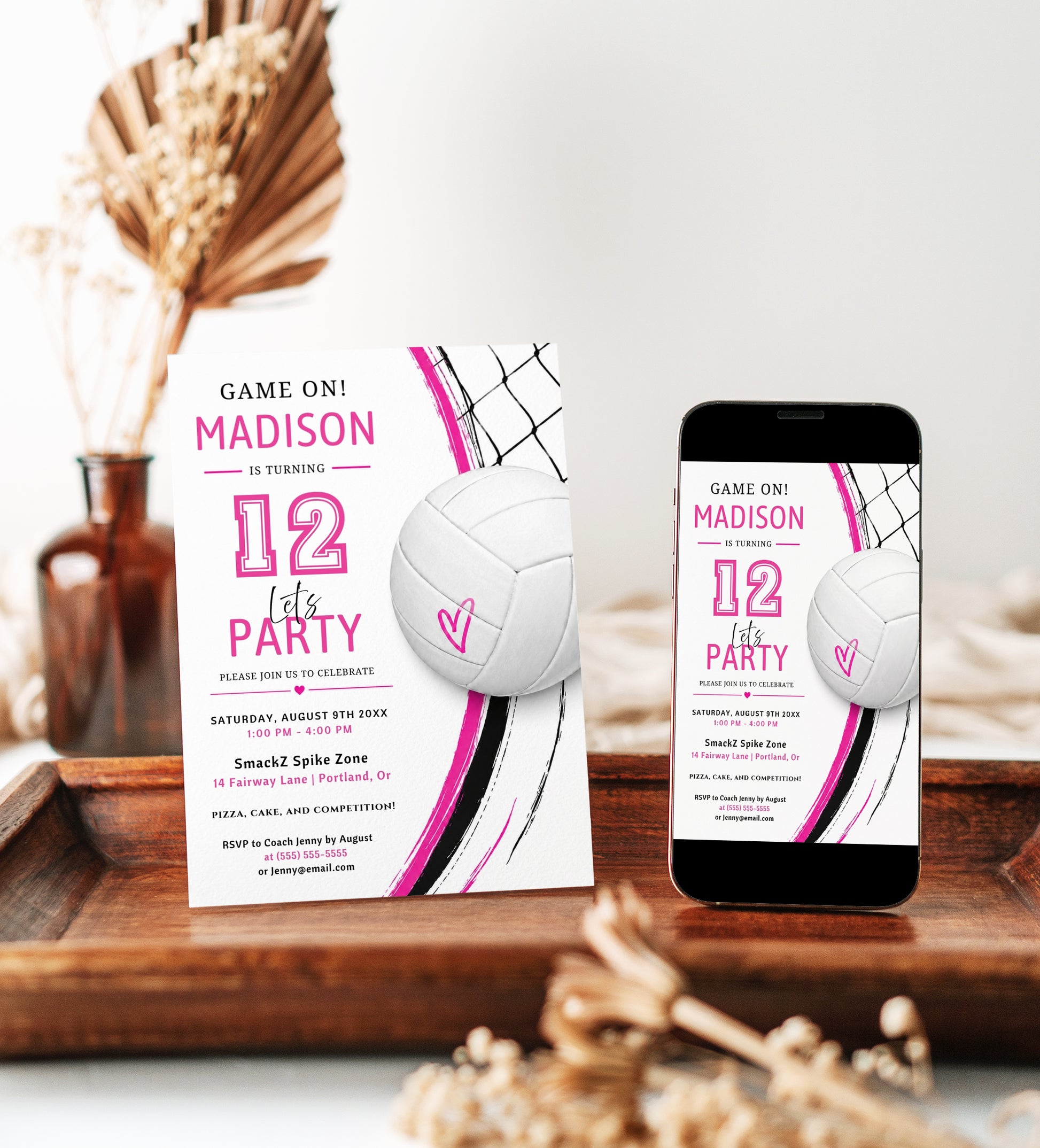 Volleyball girl birthday invitation with a volleyball and net in bold pink, black, and white