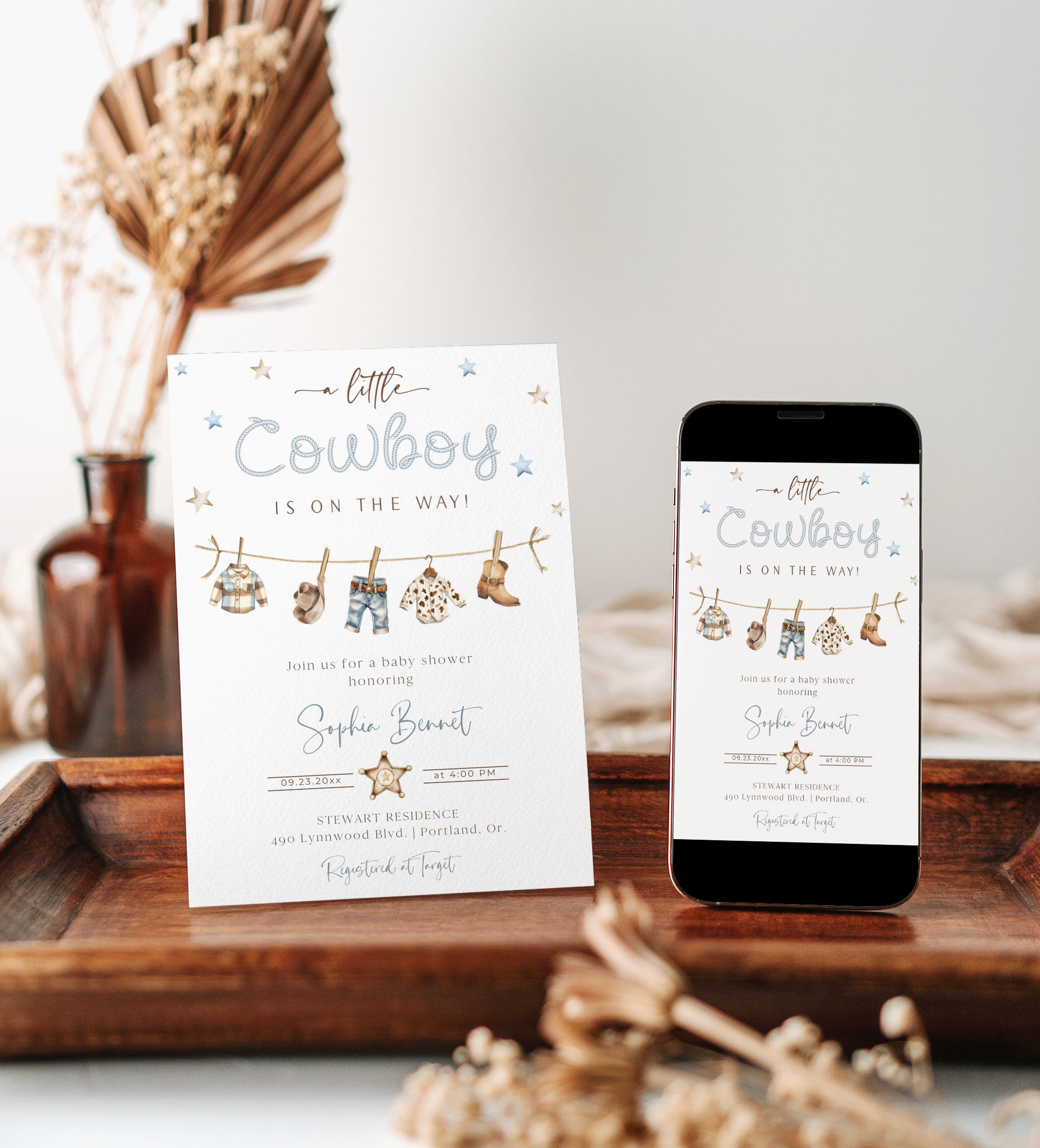 Little cowboy baby shower invitation template with watercolor western elements including boots, cowboy hat, and sheriff star badge, editable in Canva
