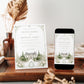Elegant European style wedding invitation template with watercolor stone building illustration, cypress trees, and sage green ornate monogram border, editable in Canva