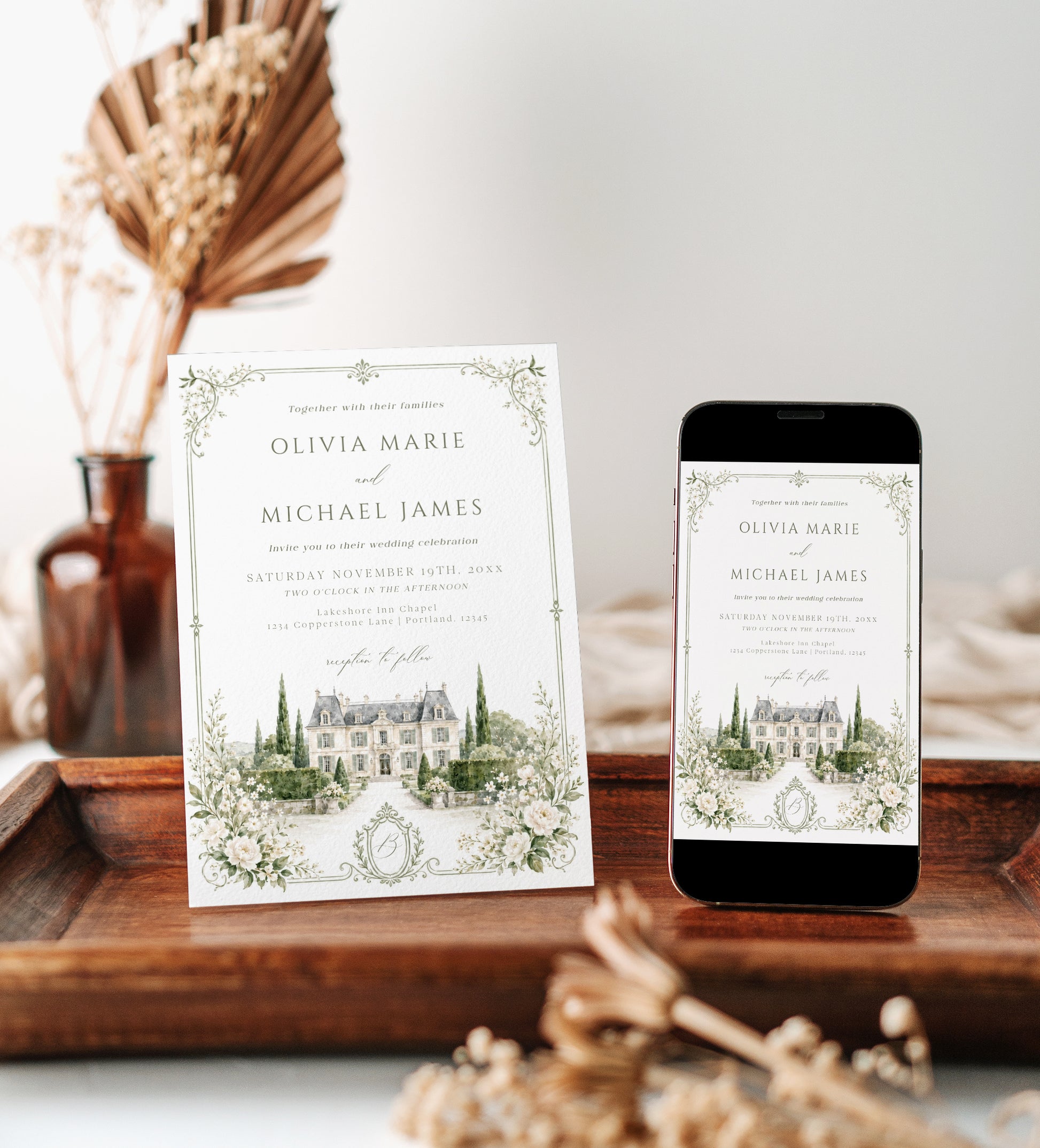 Elegant European style wedding invitation template with watercolor stone building illustration, cypress trees, and sage green ornate monogram border, editable in Canva