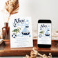 Editable ahoy it's a boy baby shower invitation Canva template with navy and sky blue nautical theme, sea turtle, sailboat, anchor, and ocean waves on a white background