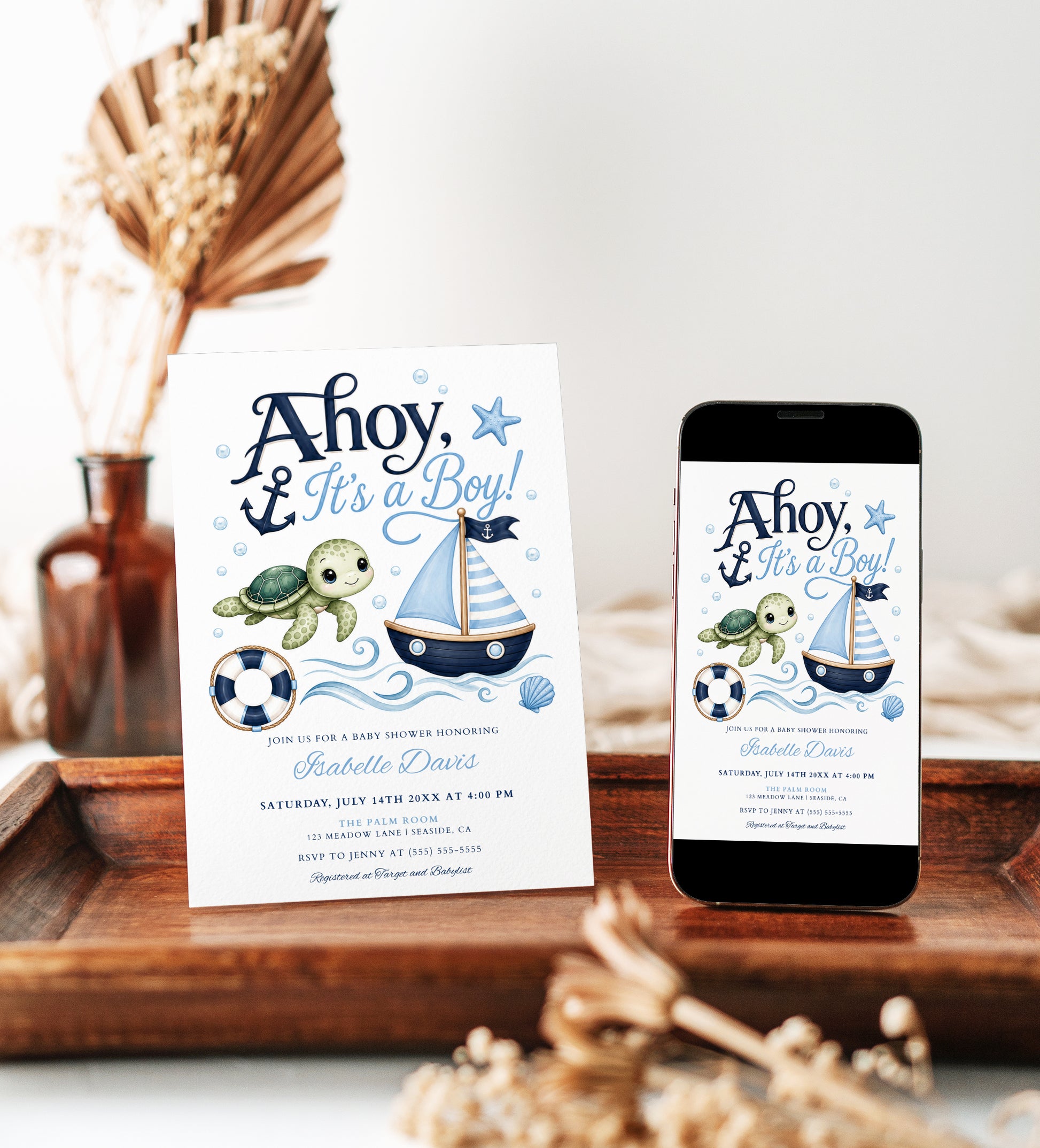 Editable ahoy it's a boy baby shower invitation Canva template with navy and sky blue nautical theme, sea turtle, sailboat, anchor, and ocean waves on a white background