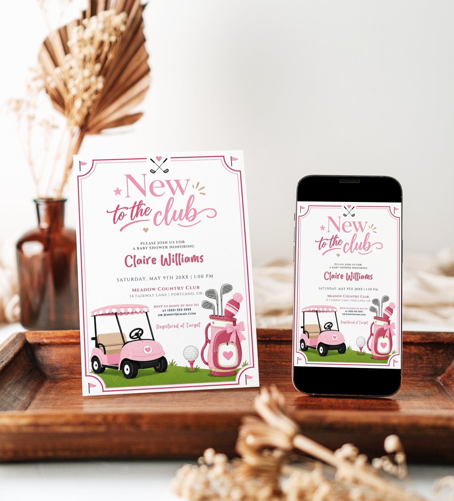 Editable pink golf baby shower invitation Canva template with pink golf cart, hot pink golf bag with bow, crossed clubs, corner pennants, and bold pink typography on a white background