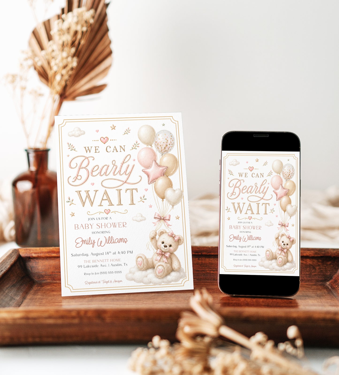 We can bearly wait girl baby shower invitation with a teddy bear and balloons in blush pink, cream, and gold