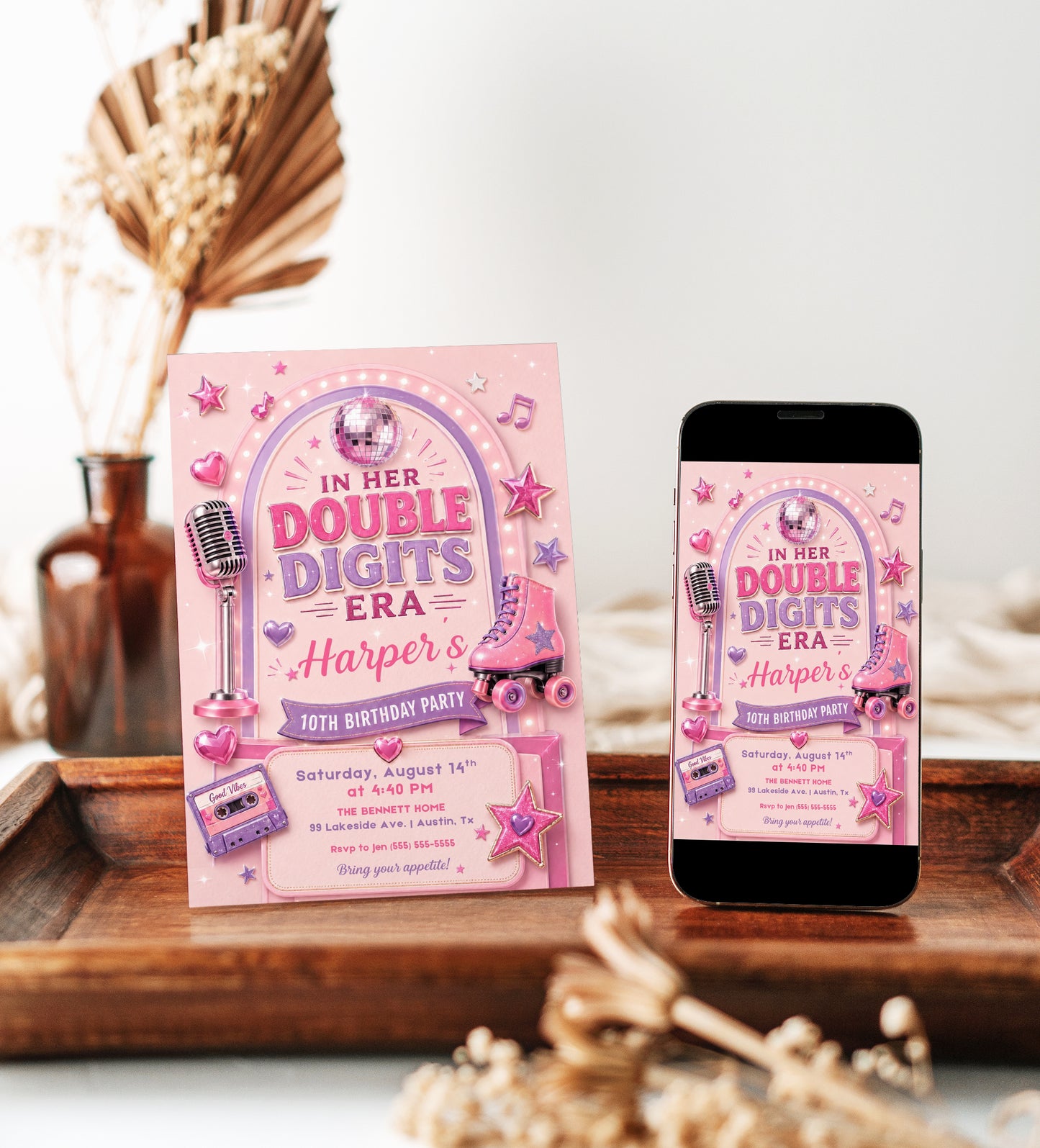 Double Digits Era 10th birthday invitation in pink and purple featuring a disco ball, microphone, roller skate, cassette tape, hearts and stars.
