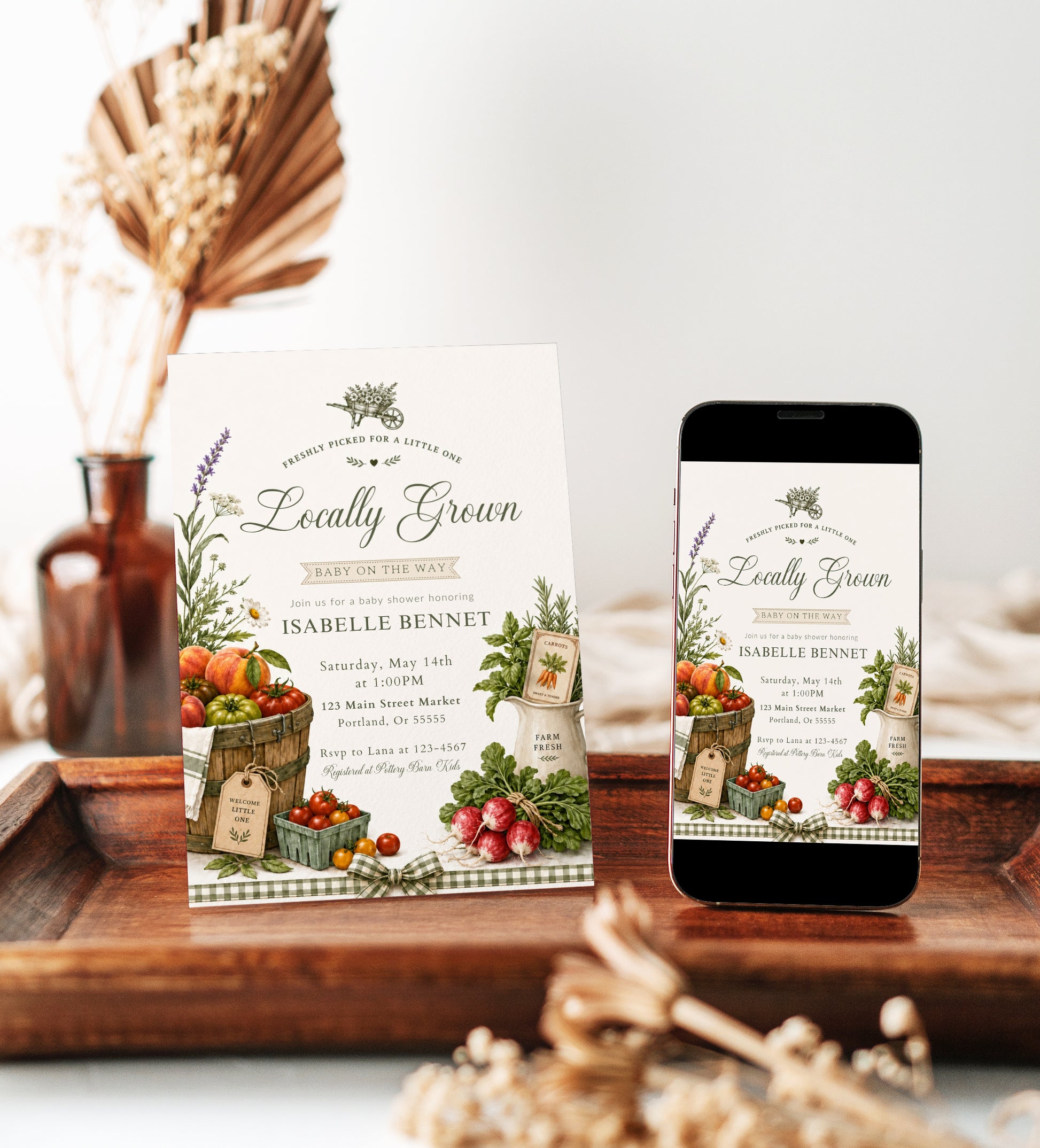 Farmers market baby shower invitation with a basket of heirloom tomatoes, peaches, and fresh herbs in sage green and cream