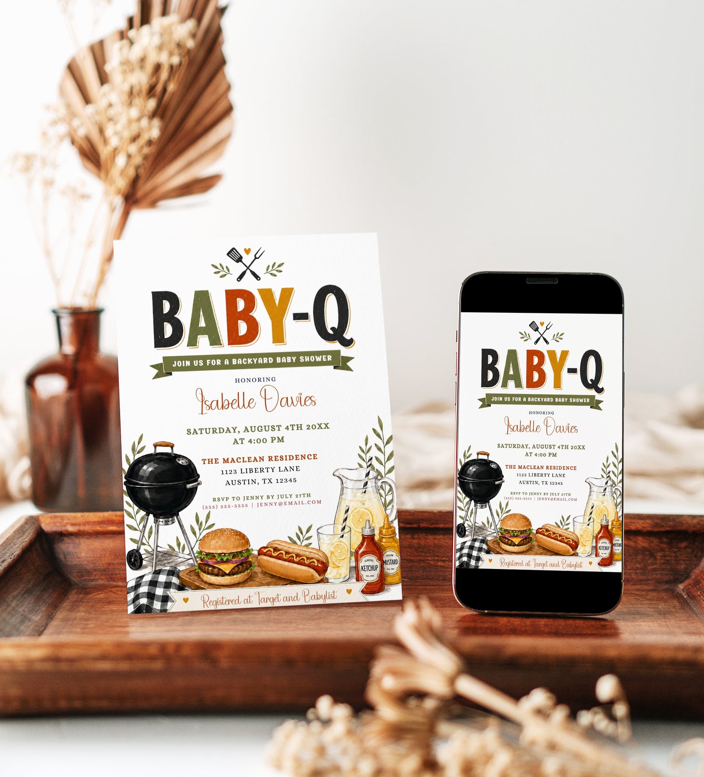 BBQ baby shower invitation with a backyard cookout theme in olive green, mustard, and rust orange