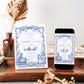 Blue toile baby shower invitation with royal blue floral border, bow, baby carriage, rocking horse, countryside scene, and elegant vintage details