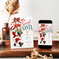 Secret Santa gift exchange invitation with Santa wearing sunglasses and carrying stacked red, green, and gold presents, flowing red ribbons, and gold stars