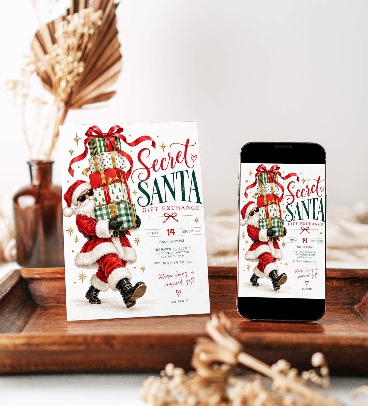 Secret Santa gift exchange invitation with Santa wearing sunglasses and carrying stacked red, green, and gold presents, flowing red ribbons, and gold stars