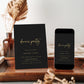 Formal dinner party invitation with gold script on black background, perfect for elegant upscale events | www.foreveryourprints.com
