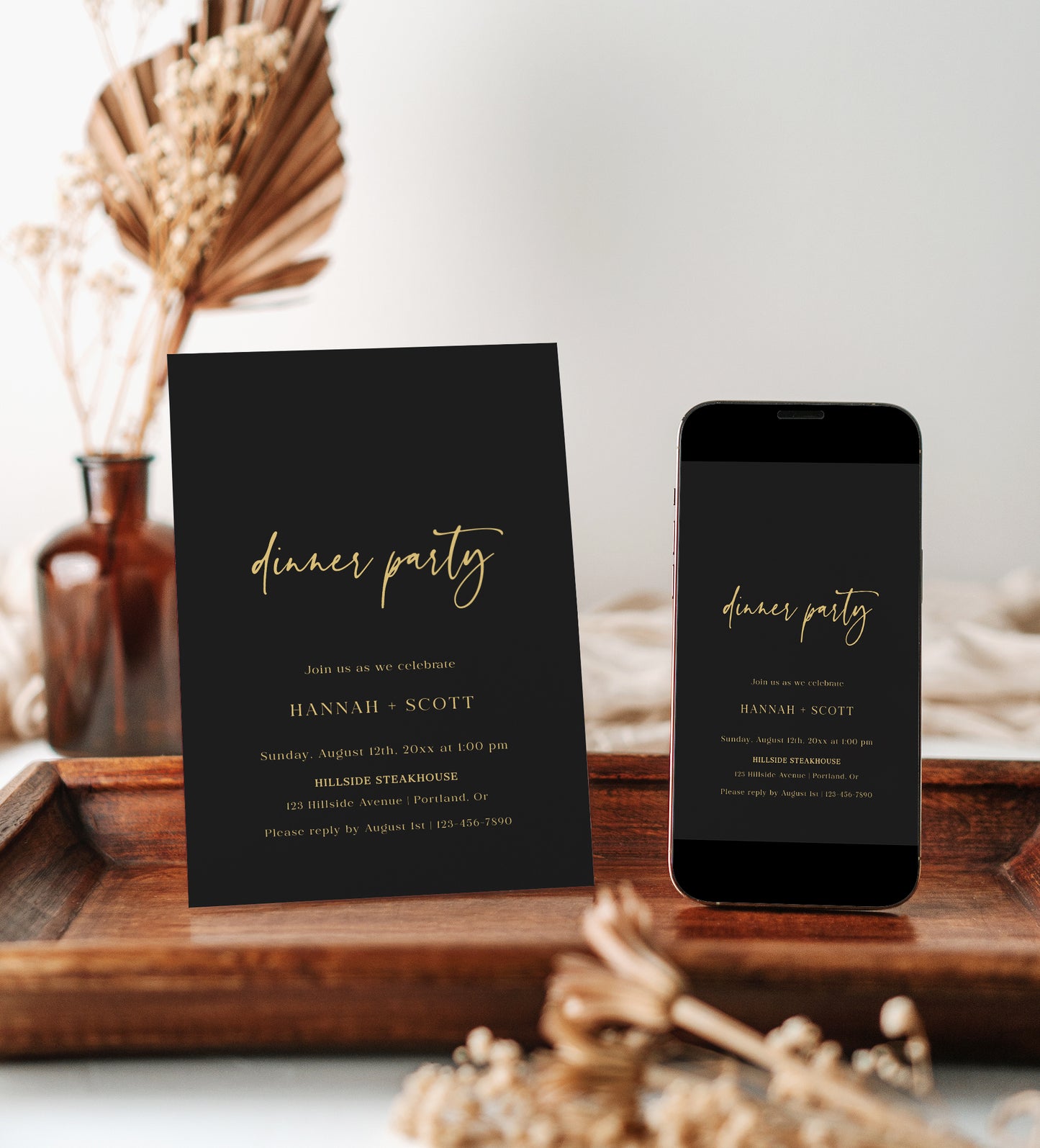 Formal dinner party invitation with gold script on black background, perfect for elegant upscale events | www.foreveryourprints.com