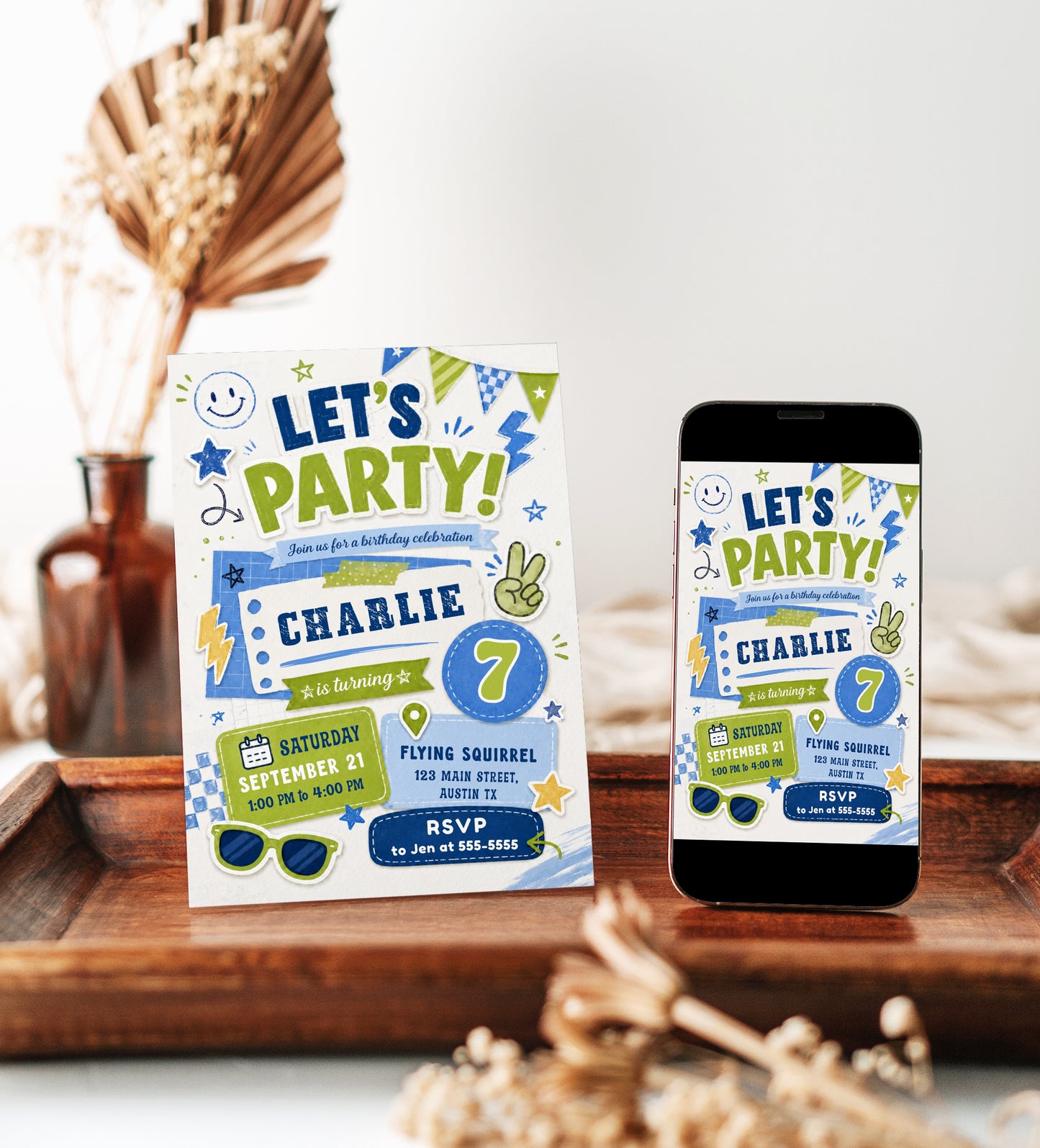 Let’s party boy birthday invitation with blue and green sticker-style graphics, stars, lightning bolts, sunglasses, banners, and retro party details