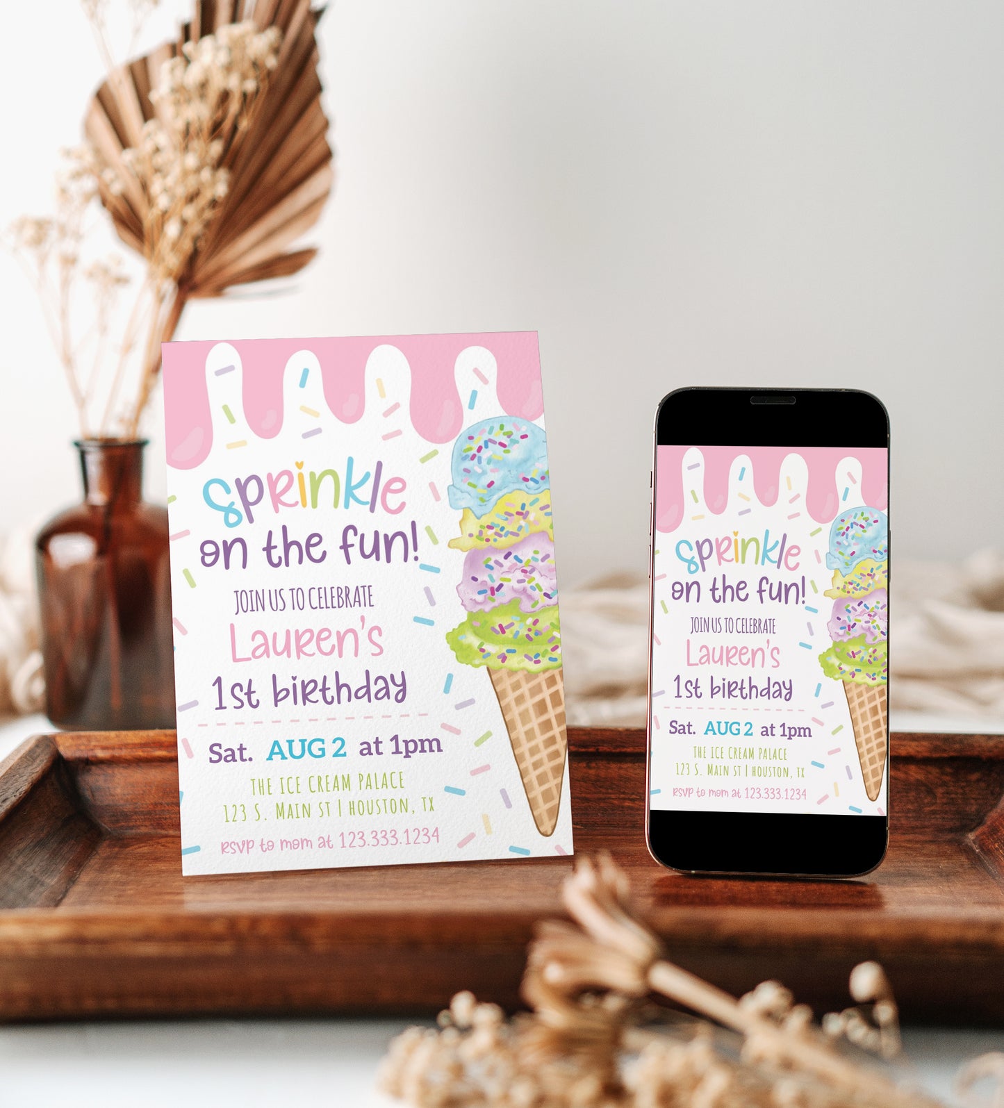 Pastel ice cream sprinkle first birthday party invitation template with watercolor ice cream cone and colorful sprinkles, editable in Canva
