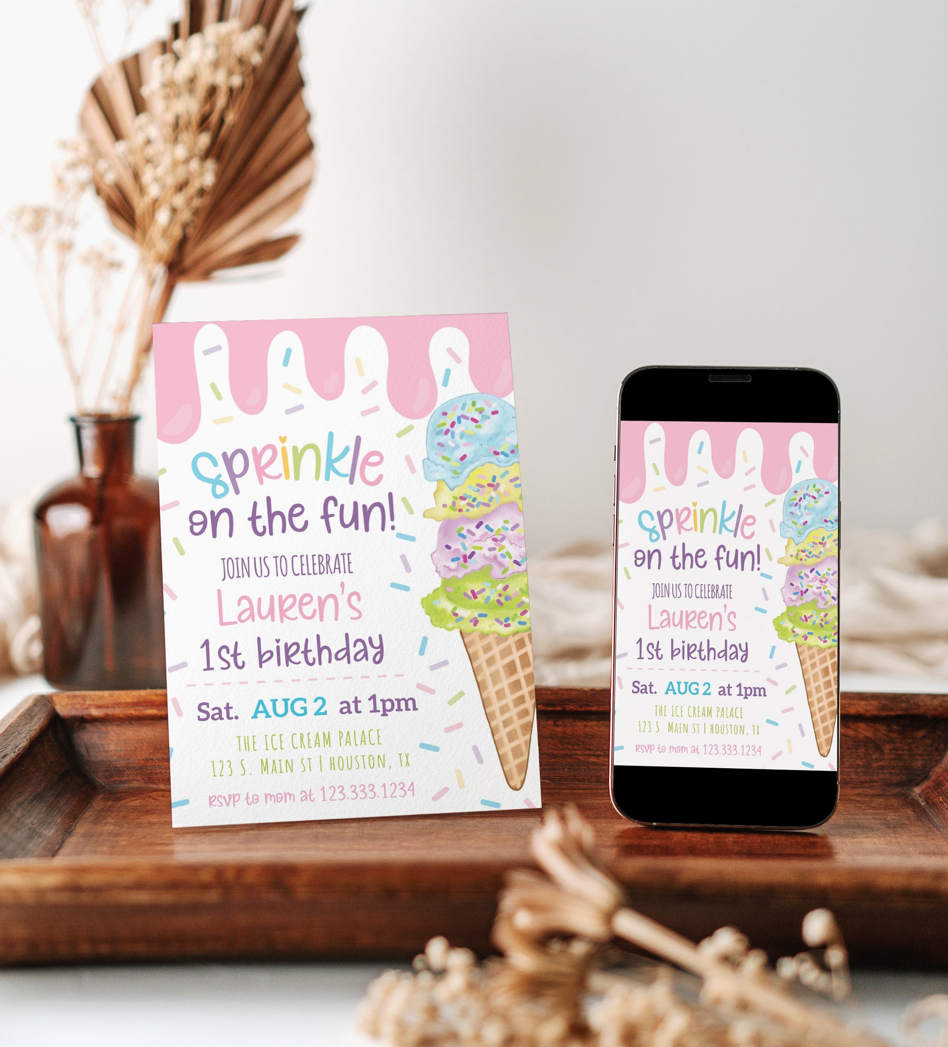 Pastel ice cream sprinkle first birthday party invitation template with watercolor ice cream cone and colorful sprinkles, editable in Canva