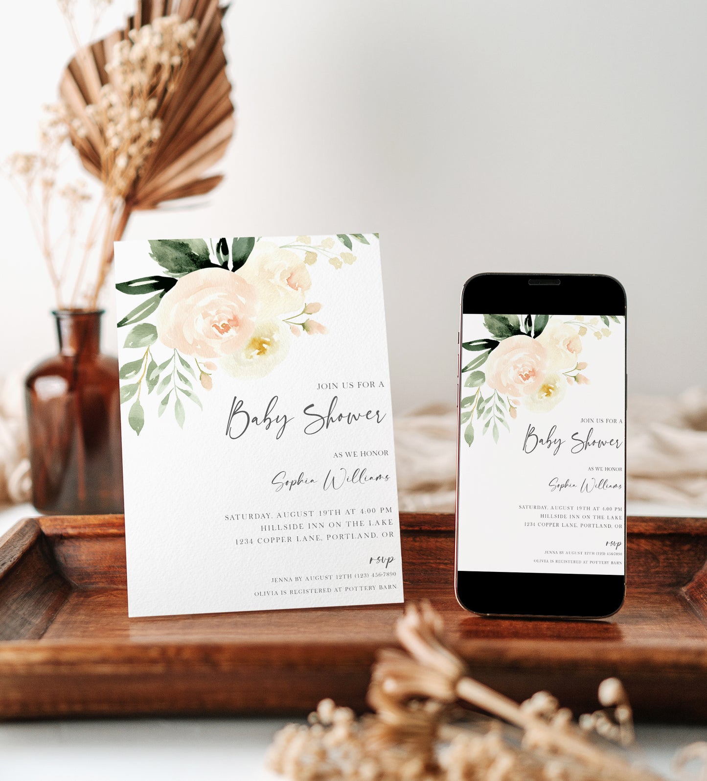 Modern baby shower invite with elegant watercolor flowers | www.foreveryourprints.com