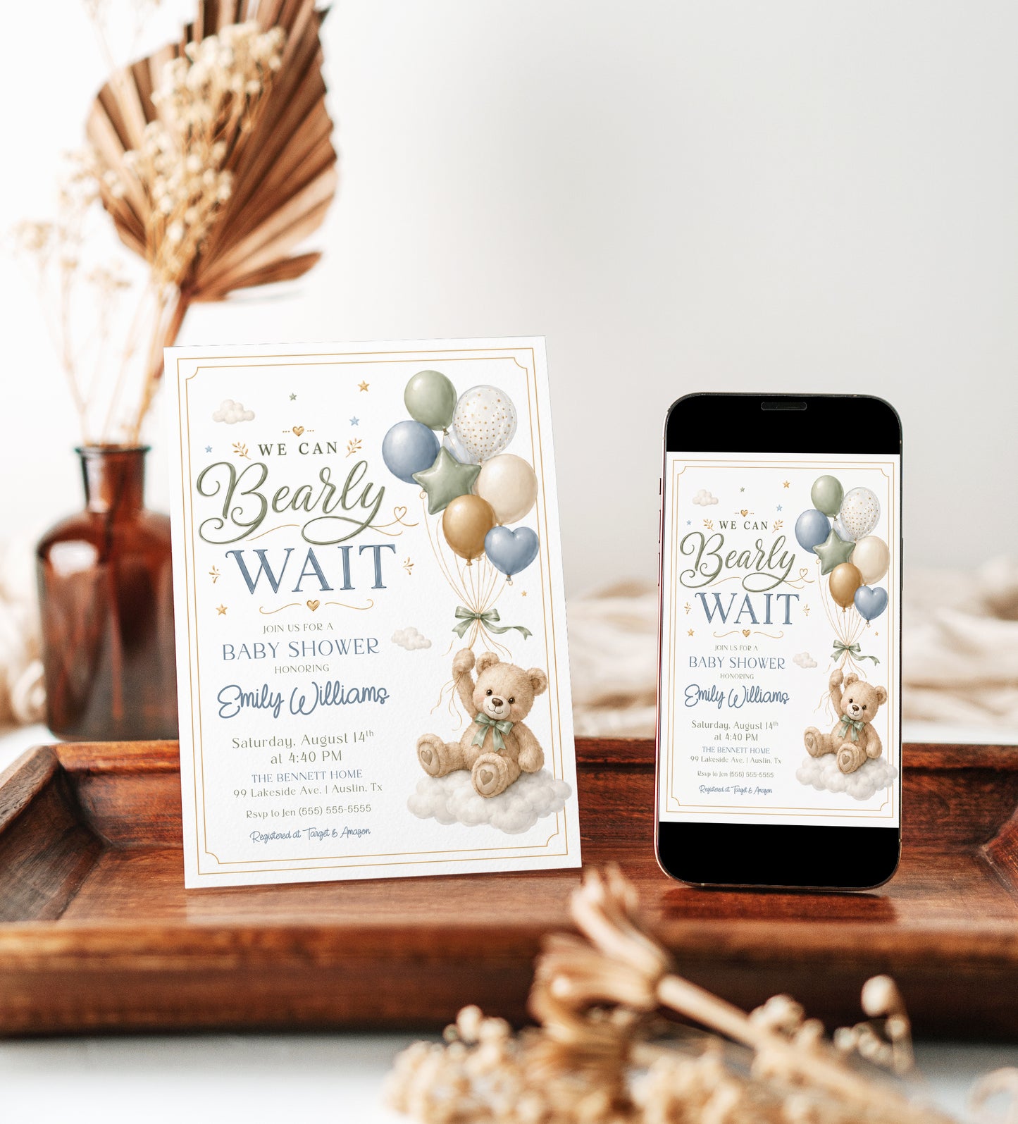 We can bearly wait baby shower invitation with a teddy bear and balloons in sage green, dusty blue, and gold