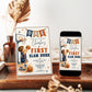 Basketball first birthday invitation featuring a little boy shooting a basketball, hoop, ONE banner, stars and navy and orange sports details.
