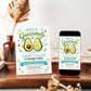 Holy guacamole baby shower invitation with cute smiling avocado characters, teal hearts, greenery accents, playful lettering, and green brown baby boy details