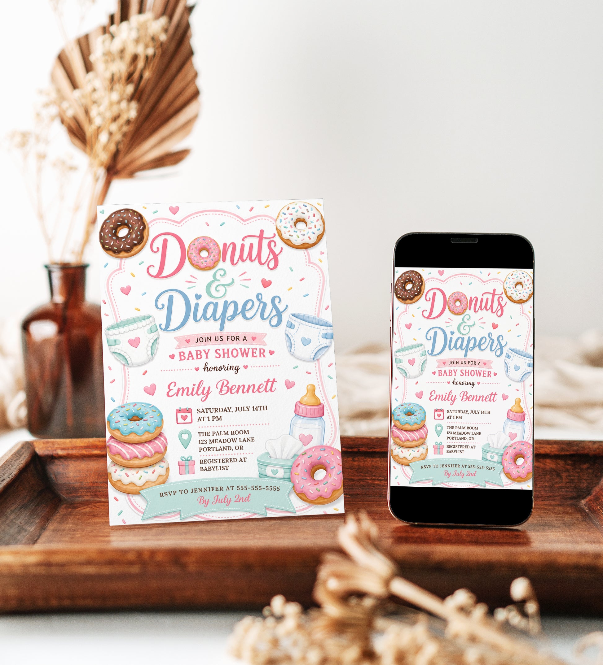 Editable donuts and diapers baby shower invitation Canva template with illustrated donuts, diapers, baby bottle, wipes, hearts and sprinkles in pink, mint, and blue on a white background
