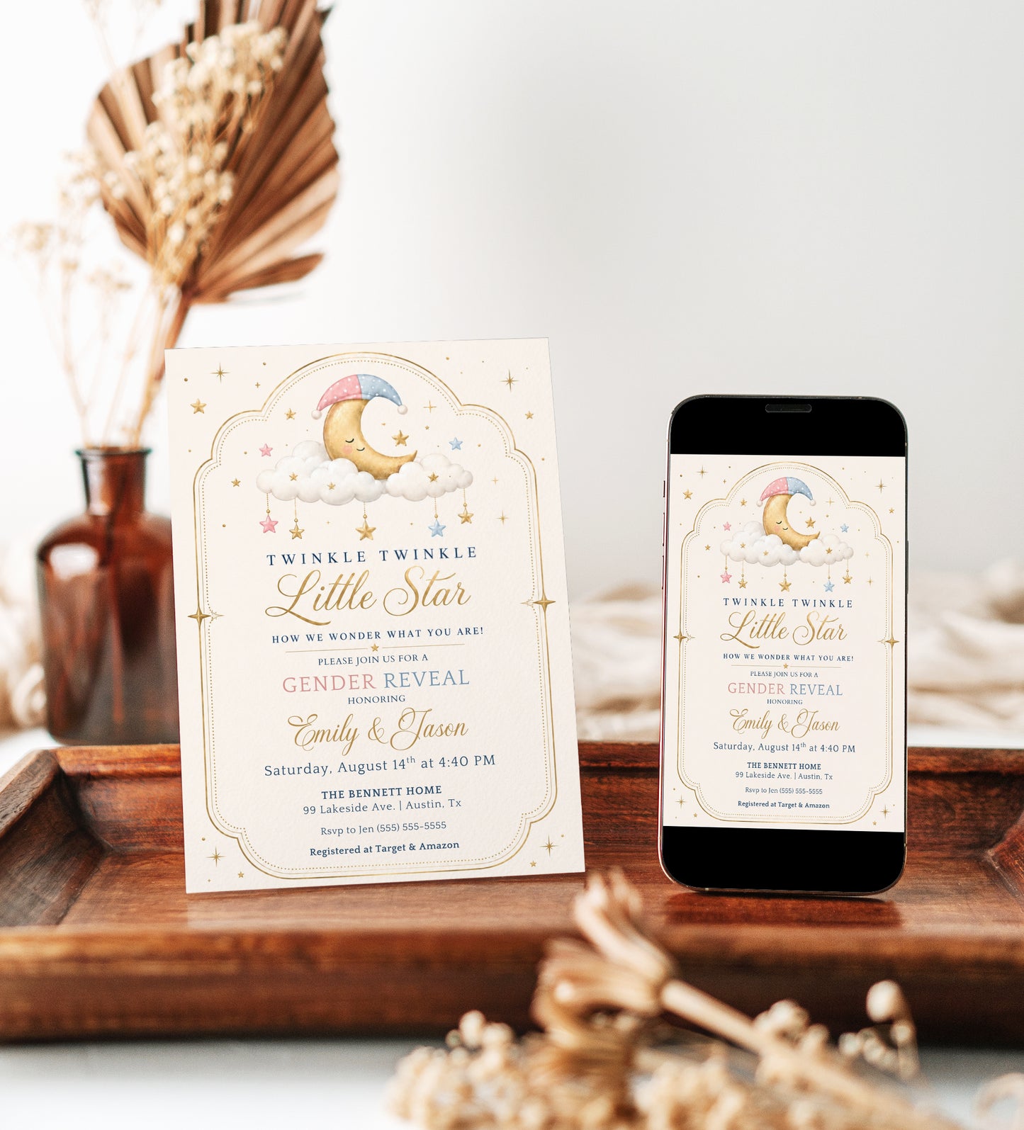 Moon and stars gender reveal invitation with a sleeping moon, clouds, and hanging stars in pink, blue, and gold