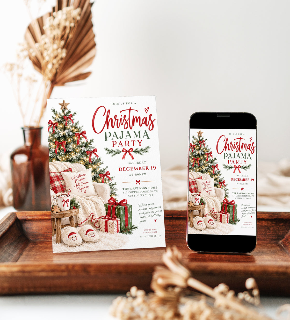 Christmas pajama party invitation with a lighted Christmas tree, red bows, cozy armchair and blanket, hot cocoa, wrapped gifts, and fluffy Santa slippers