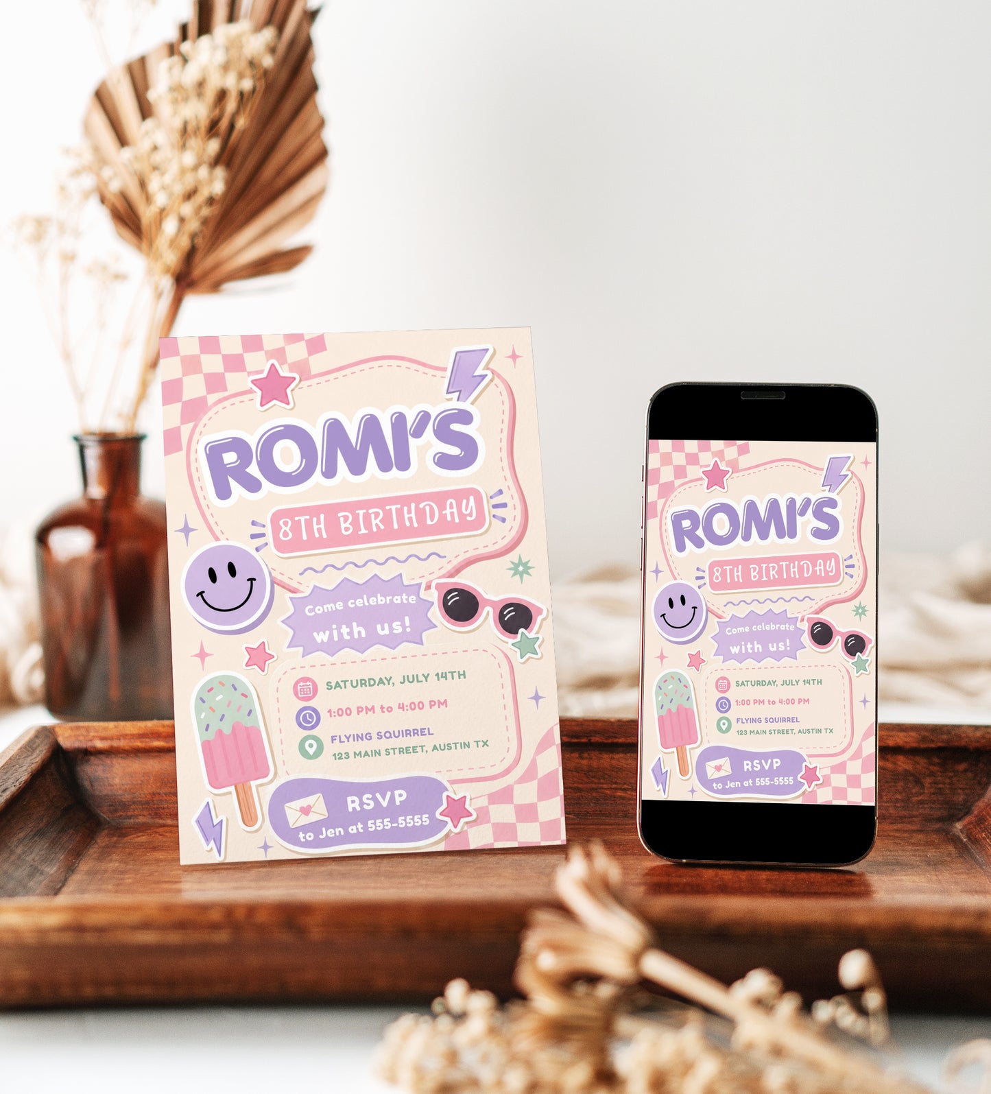 Girls retro birthday invitation in pink, purple and mint featuring a smiley face, sunglasses, checkerboard patterns, stars, lightning bolts and a popsicle.