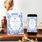 Blue toile baby shower invitation with ornate floral frame, bow, baby carriage, rocking horse, countryside scene, and elegant royal blue vintage details