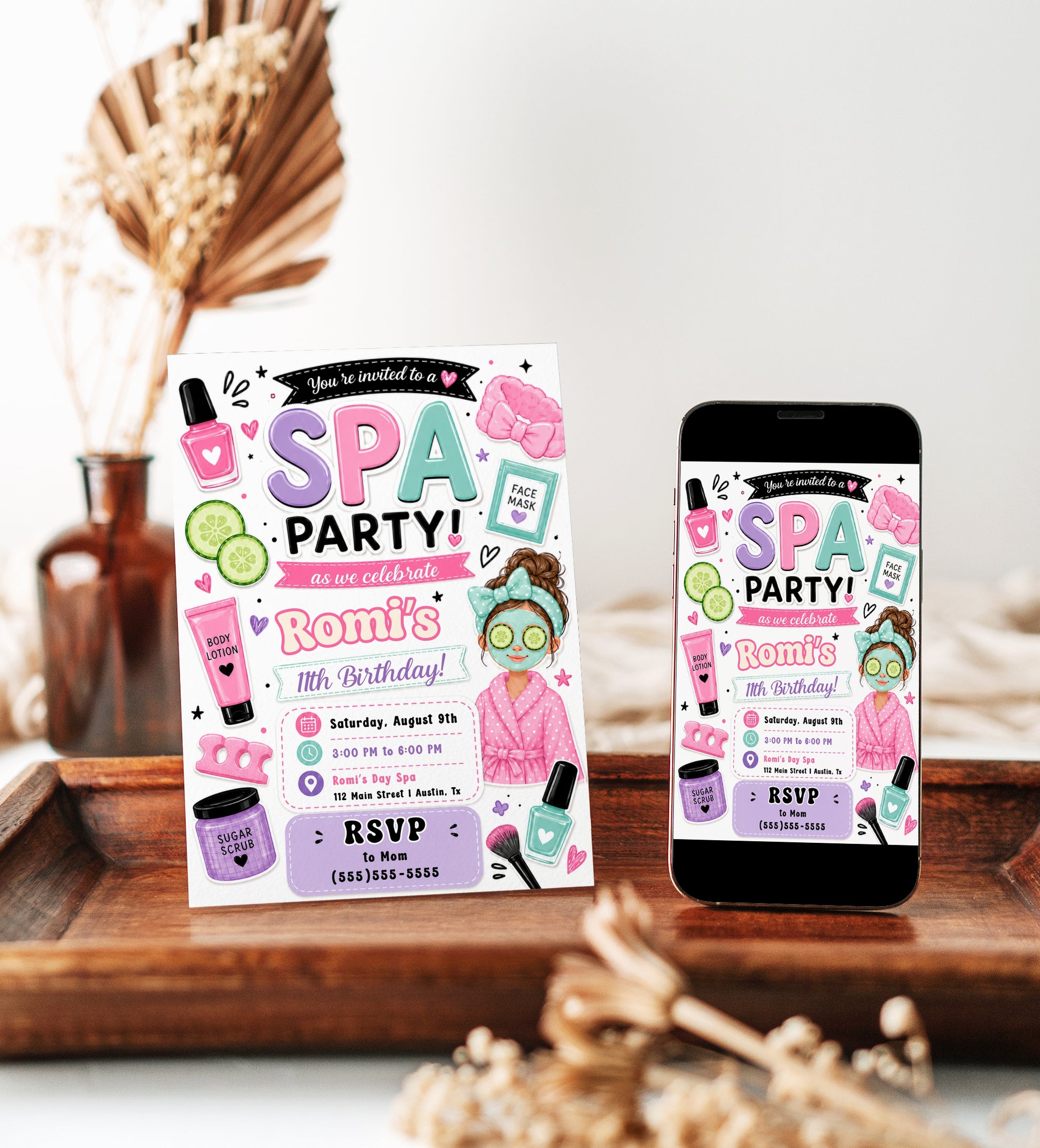 Spa party birthday invitation with nail polish, face mask, robe, cucumber slices, lotion, sugar scrub, makeup brush, hearts, and pink purple teal details