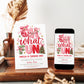 Christmas 1st birthday invitation with pink, red, and sage Oh What Fun lettering, a pink disco ornament, ribbon bows, Christmas lights, and a decorated tree