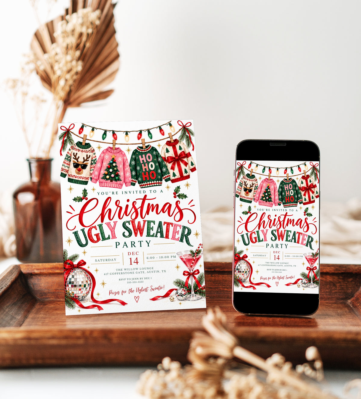 Ugly sweater party invitation with four Christmas sweaters hanging beneath string lights, a reindeer wearing sunglasses, disco ornaments, red bows, and a pink cocktail
