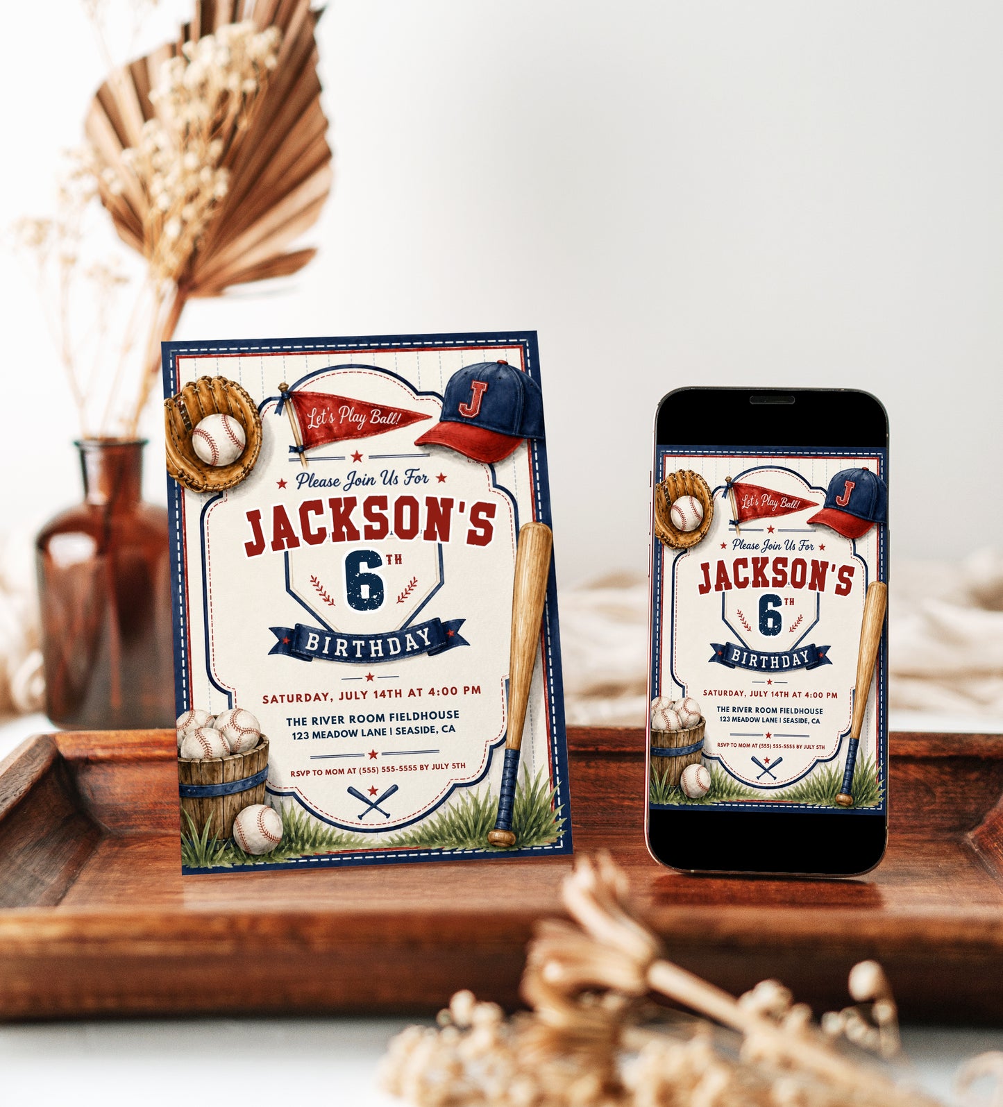 Baseball birthday invitation featuring a glove, baseballs, bat, cap, pennant flag, home plate design and red and navy sports details.
