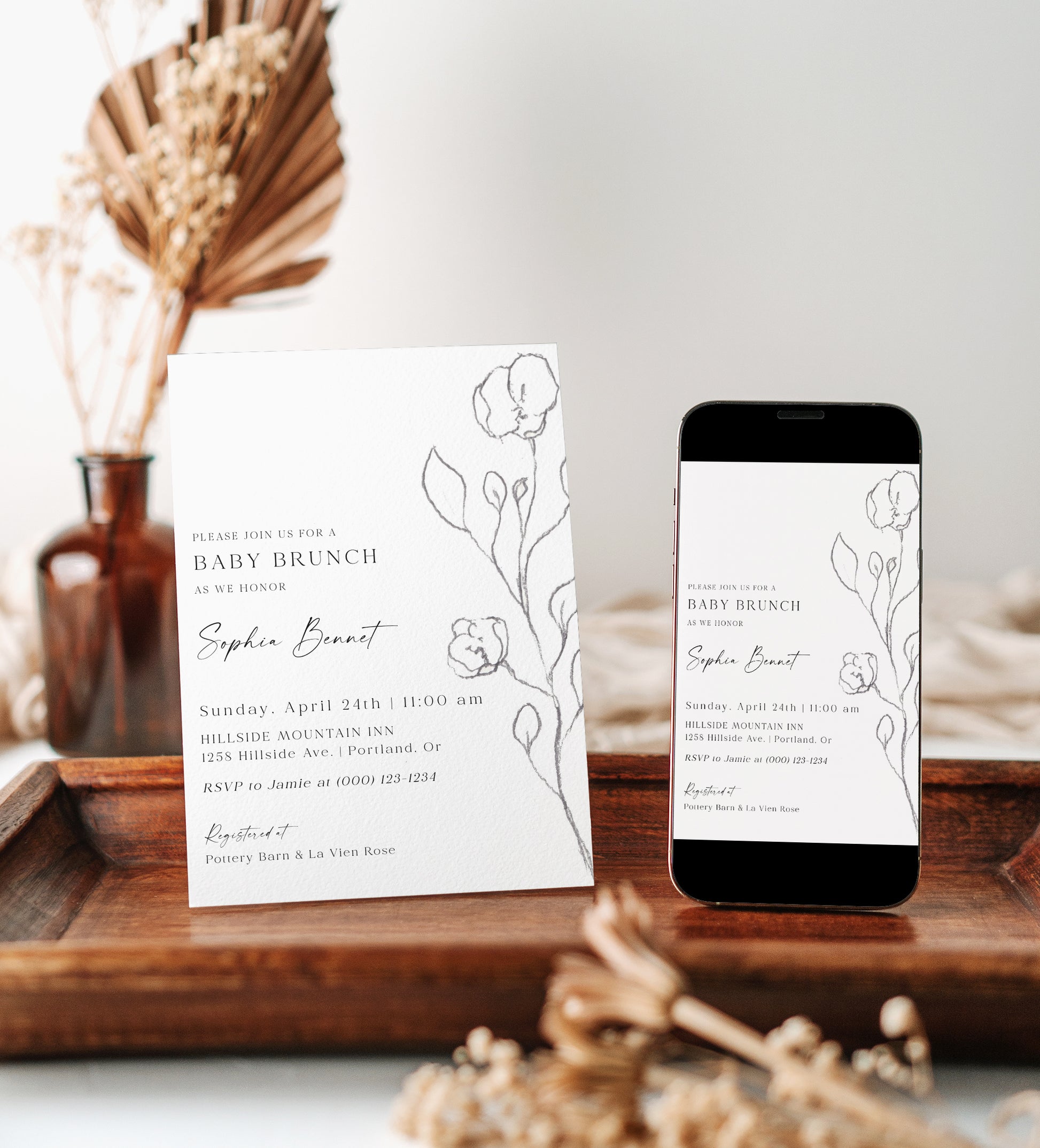 Minimalist pencil sketch floral baby brunch invitation template with hand-drawn botanical rose stem in graphite on white background, editable in Canva