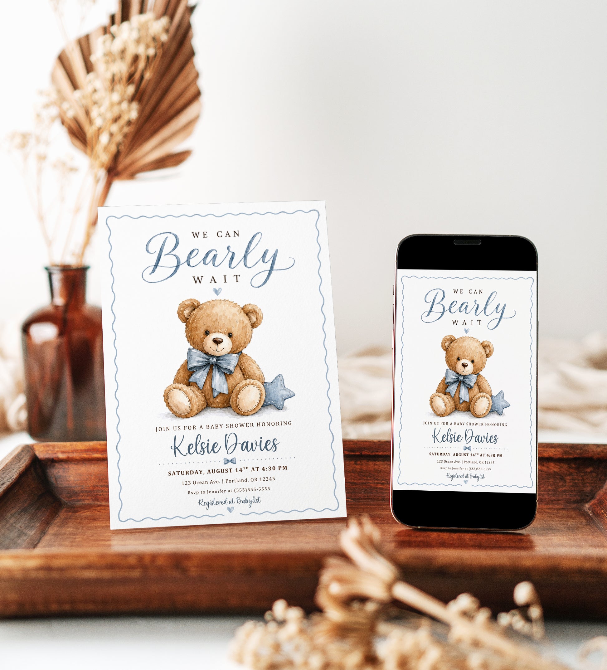 We can bearly wait baby shower invitation with watercolor teddy bear, blue bow tie, stitched star pillow, scalloped border, and soft blue baby boy details