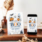 Little boo boy baby shower invitation with cute ghost, blue bow tie, pumpkins, bats, crescent moon, spiderweb, haunted house, and spooky-cute Halloween details