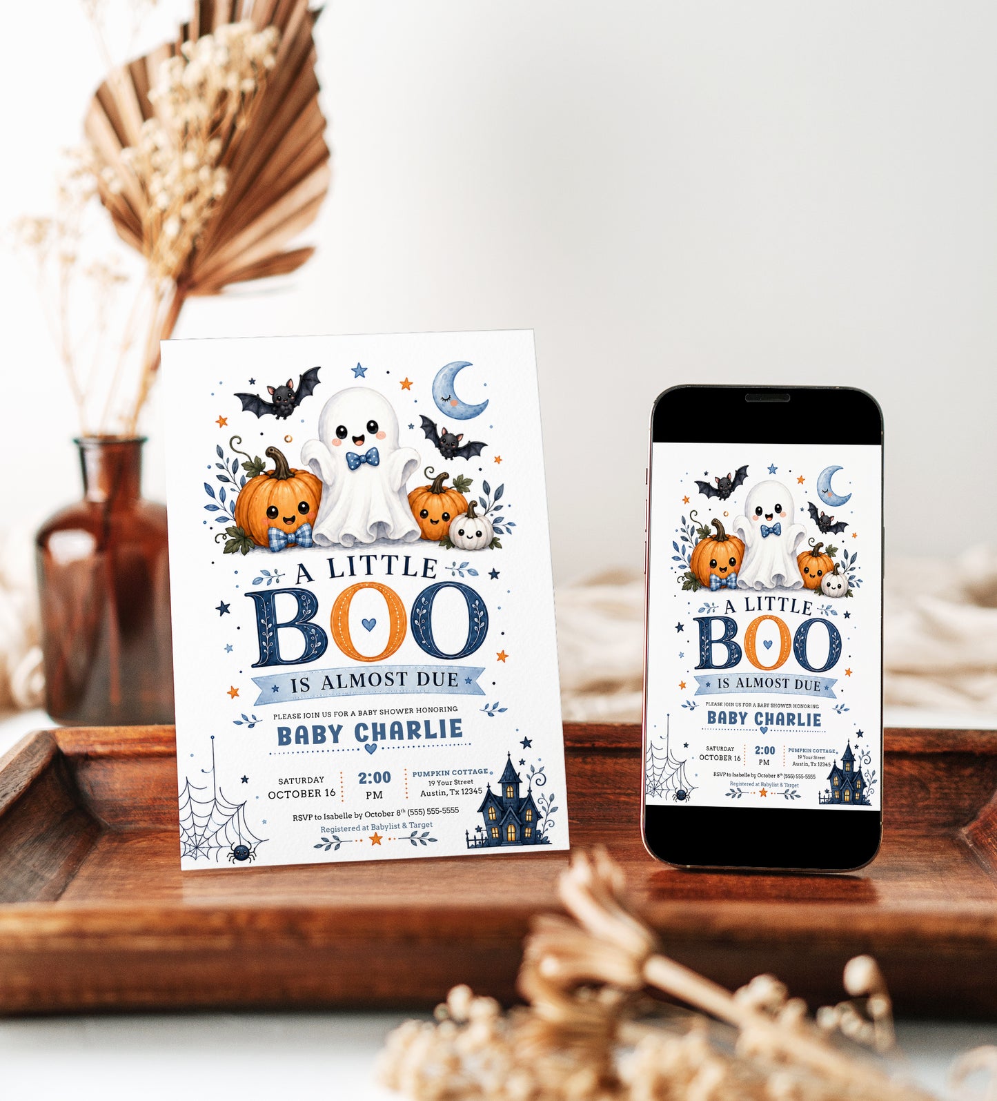 Little boo boy baby shower invitation with cute ghost, blue bow tie, pumpkins, bats, crescent moon, spiderweb, haunted house, and spooky-cute Halloween details