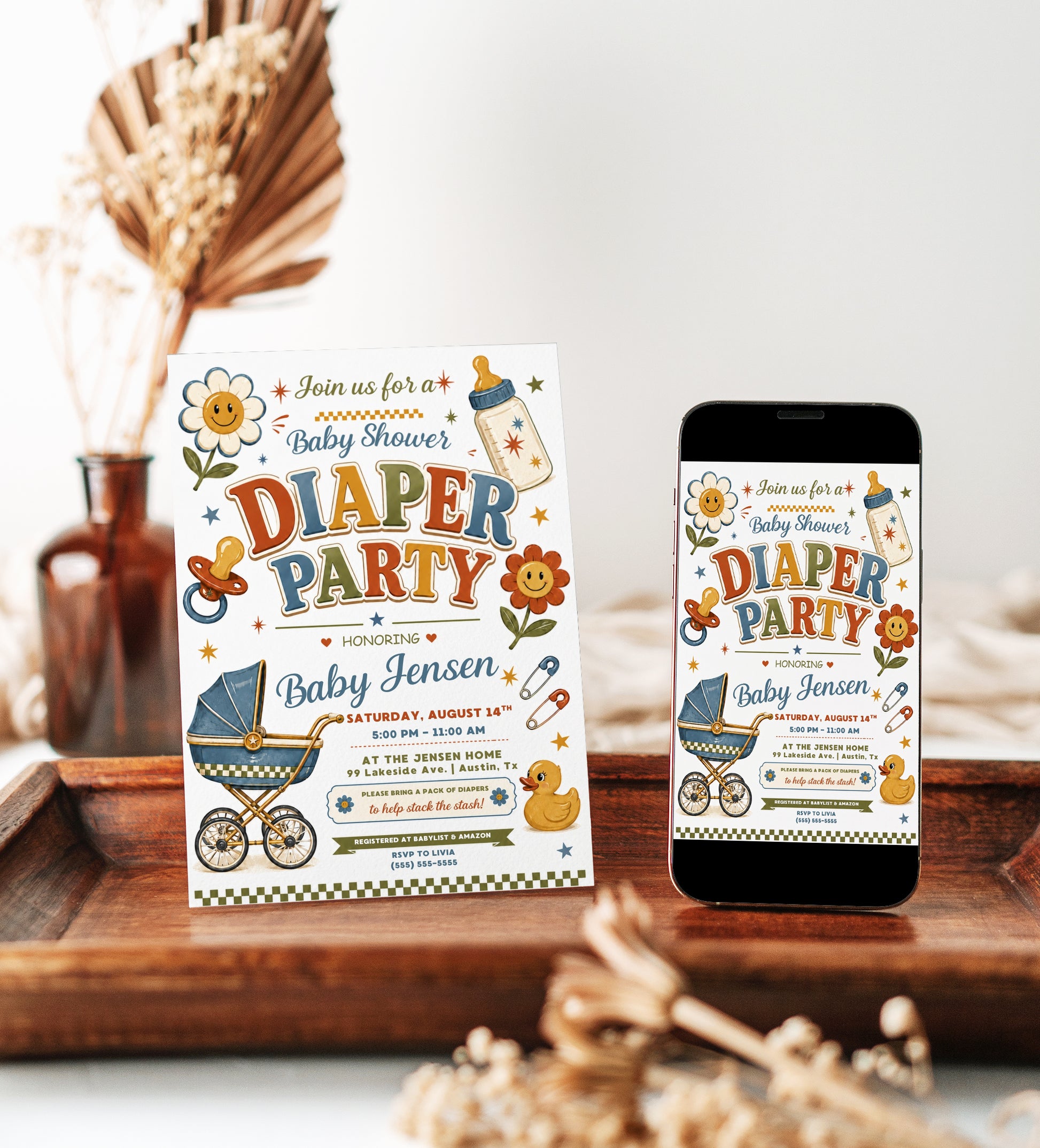Diaper party baby shower invitation with retro stroller, baby bottle, pacifier, rubber duck, smiley flowers, and checkerboard baby boy shower details
